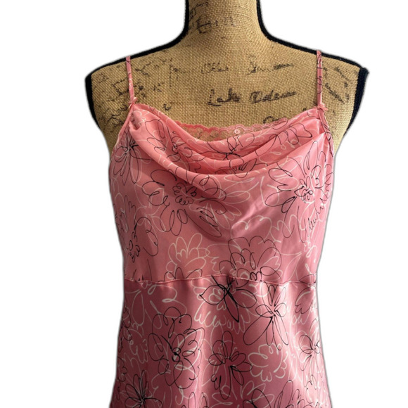Delicates Y2K Cowl Neck Mini Slip Dress Chemise Pink Floral Satin‎ Size Medium - Picture 2 of 5